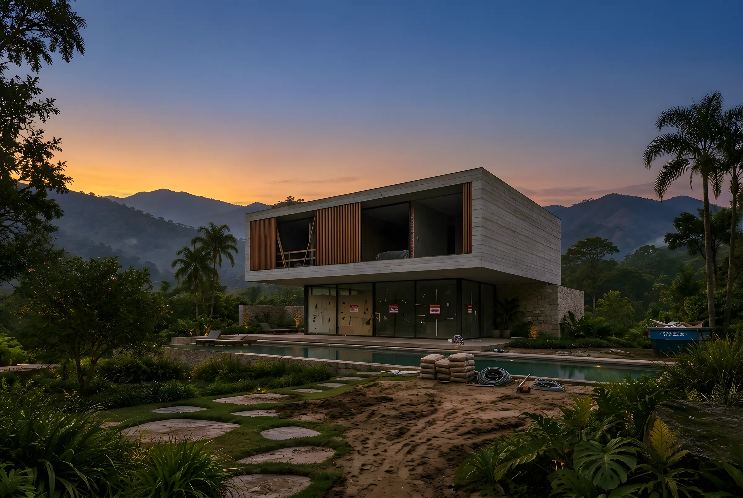 Casa quase pronta: vidro no térreo, painéis de madeira no andar de cima e o jardim ainda por fazer