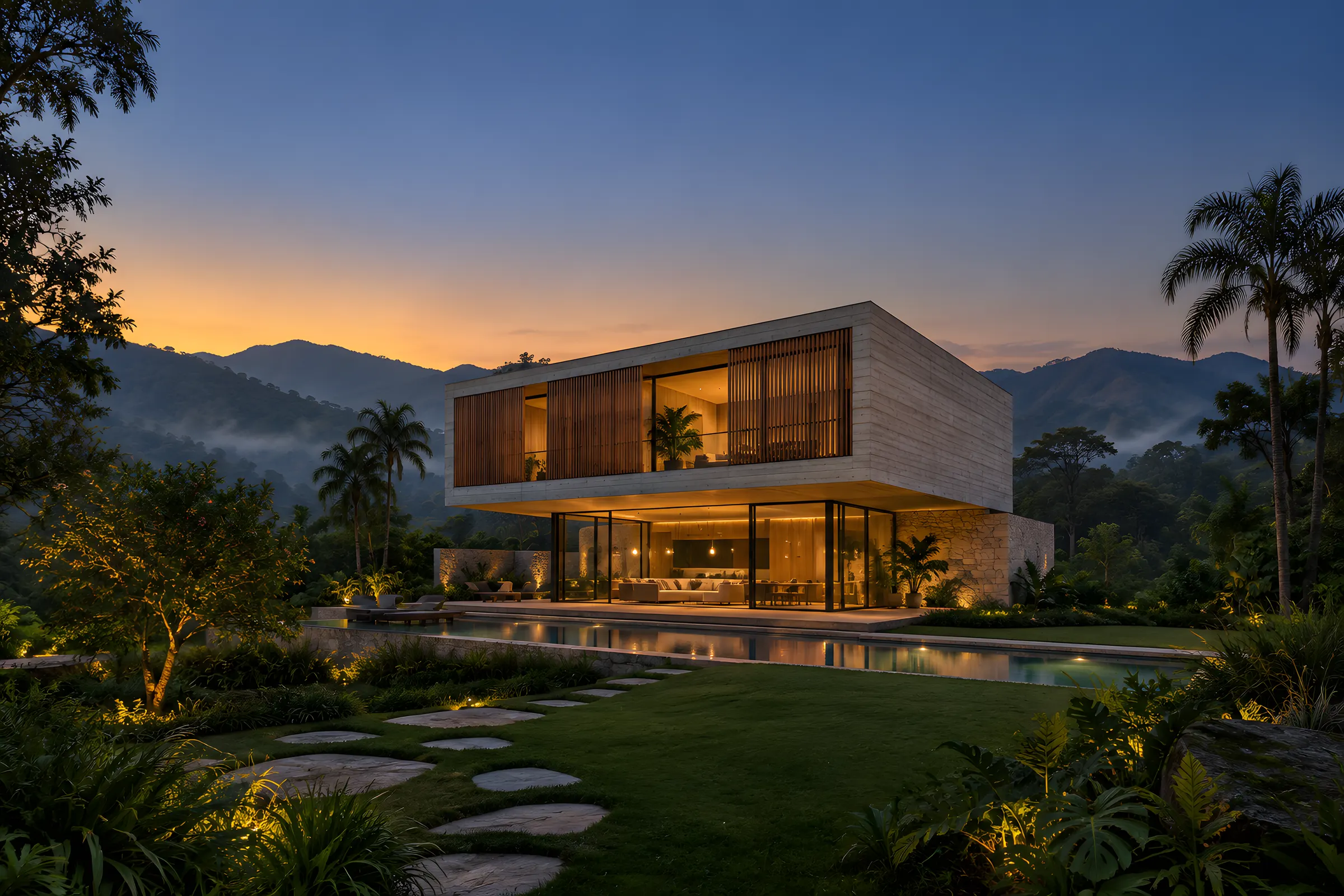 Casa entregue na hora azul, acesa por dentro, com gramado, piscina e caminho de pedras no jardim