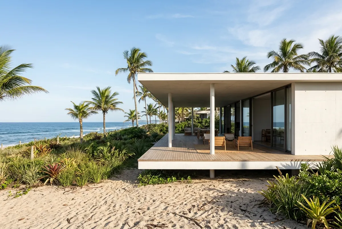 Casa térrea de concreto branco sobre pilotis, com deck de madeira sob a laje longa, entre coqueiros e vegetação de restinga, de frente para o mar