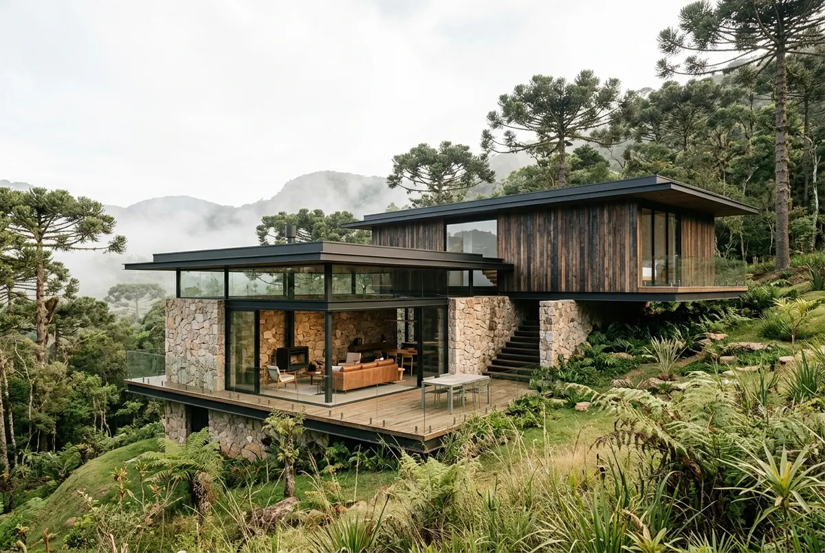 Casa em dois volumes numa encosta com araucárias e neblina: base de pedra com sala envidraçada e, acima, um volume de madeira escura em balanço